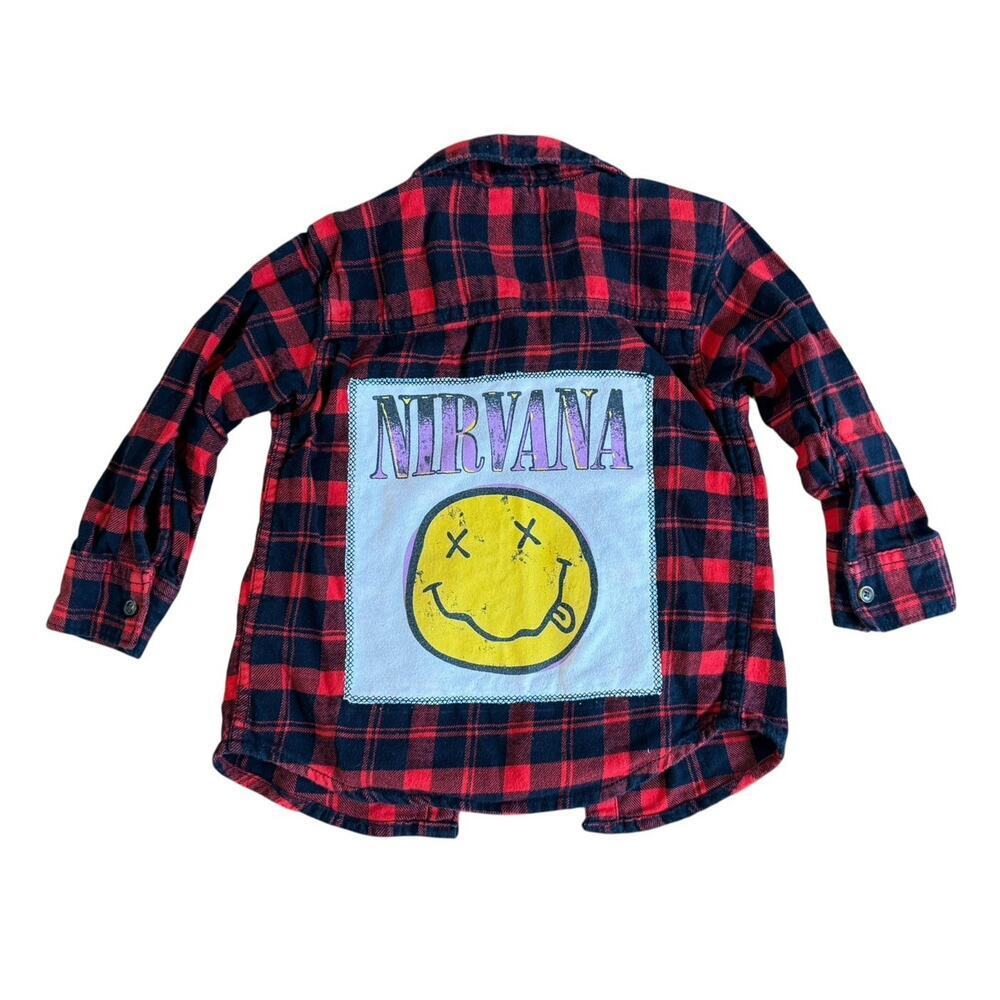 NIRVANA 90s Metal Rock Upcycled Retro Vintage Grunge Plaid Flannel Kids Size 2T - Picture 9 of 12
